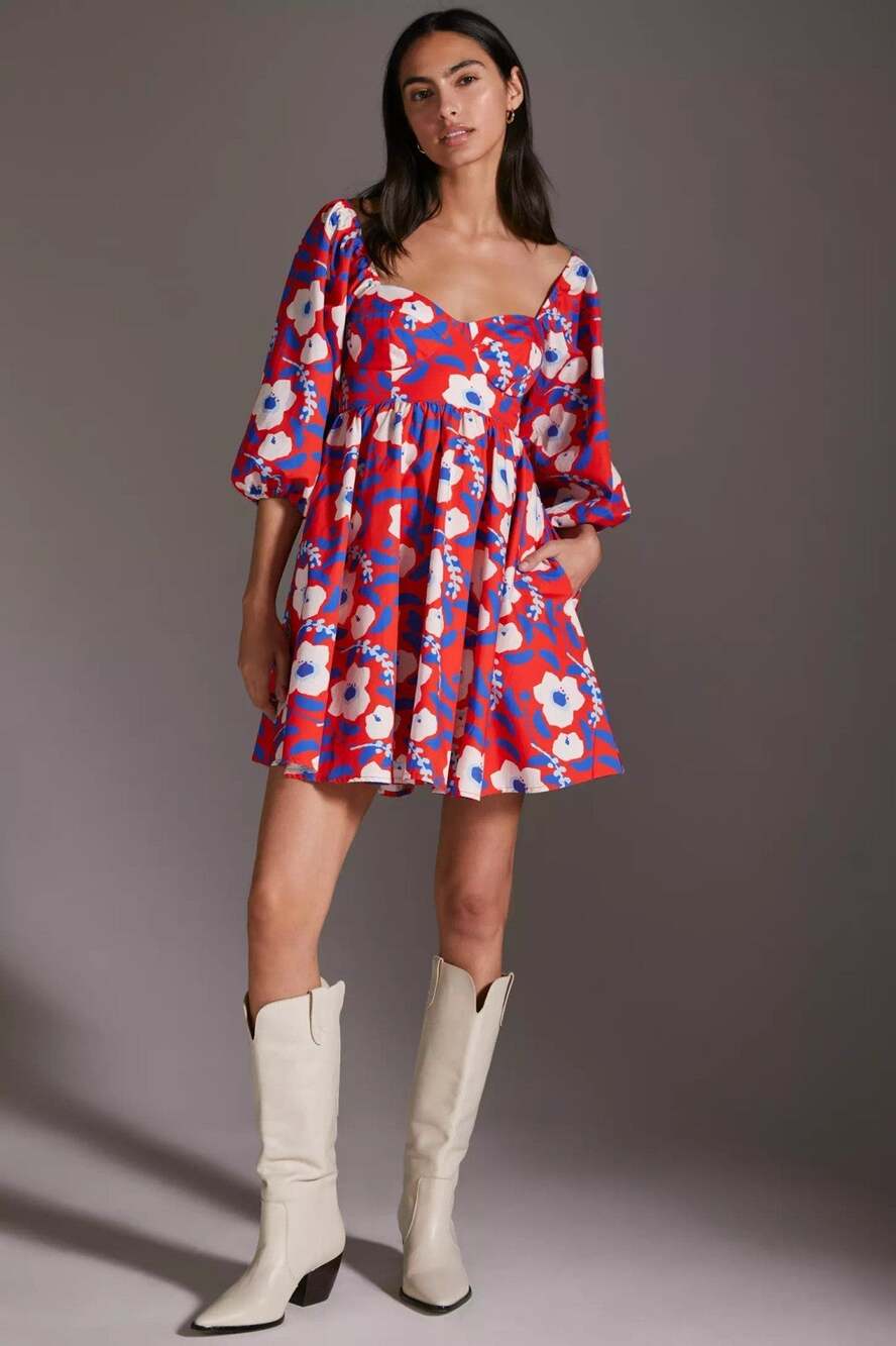 Anthropologie Hutch Red Blue Floral Printed Cotton Mini Dress New XL